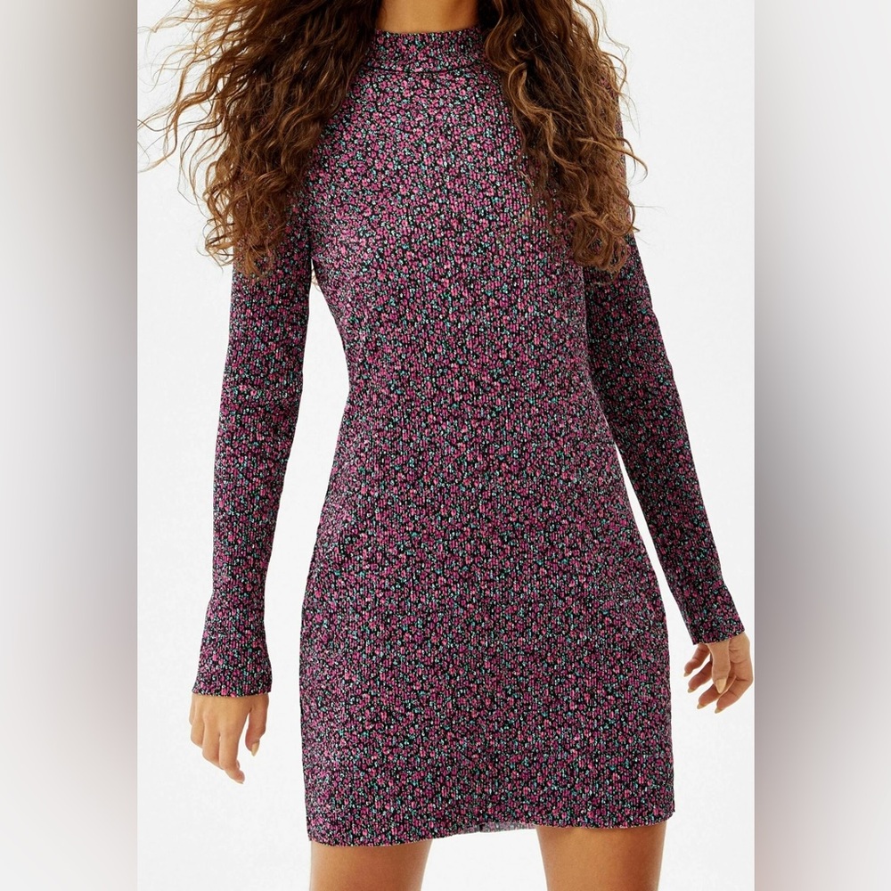 Bershka Long Sleeve Dainty Floral Print Pleated Mini Dress Size Small - Picture 1 of 14